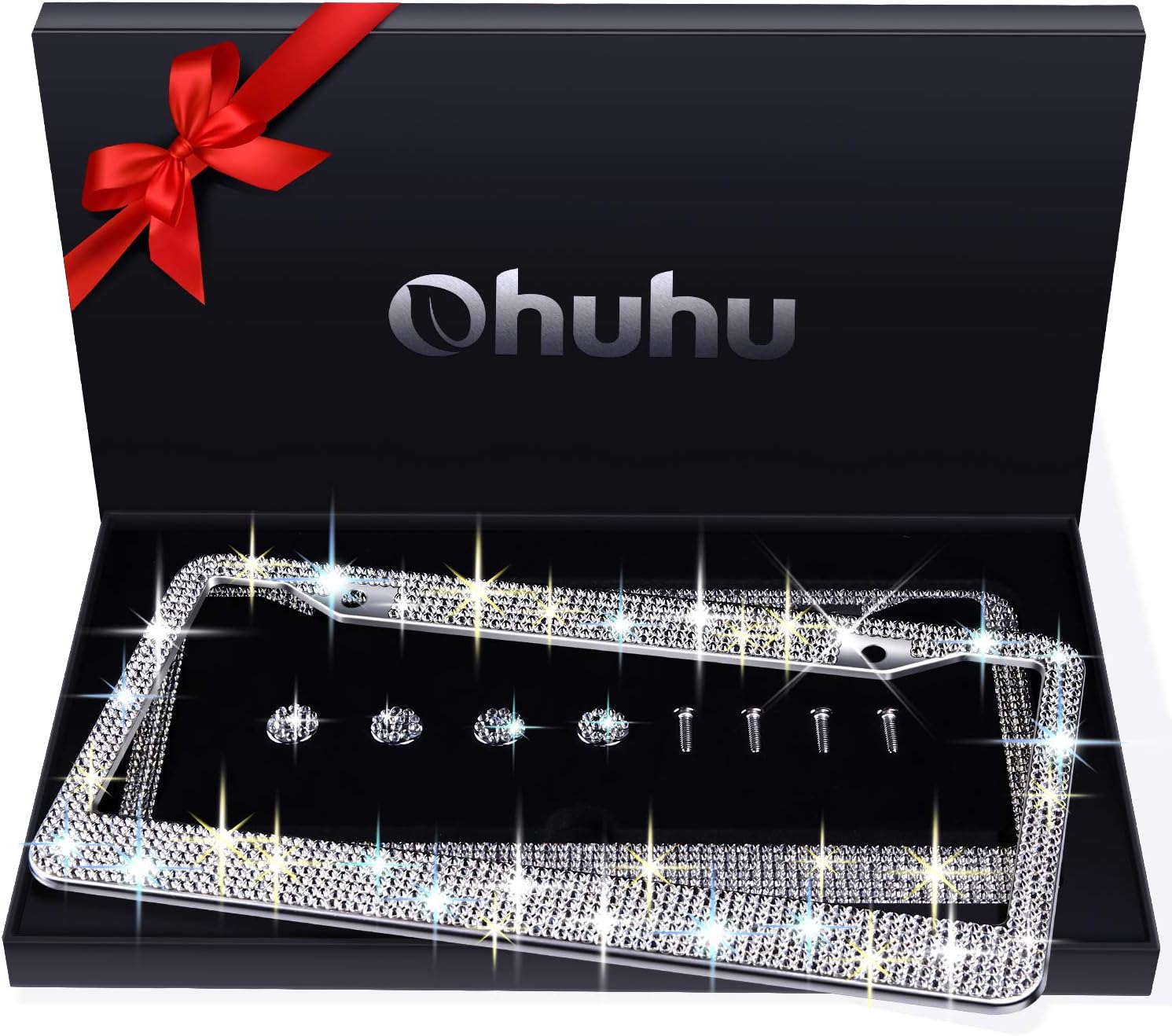 Ohuhu Bling License Plate Frames 2 Pack with Mounting Accessories and Gift Box, Luxury Handcrafted Premium Rhinestone Glitter Sparkly License Plate Frame