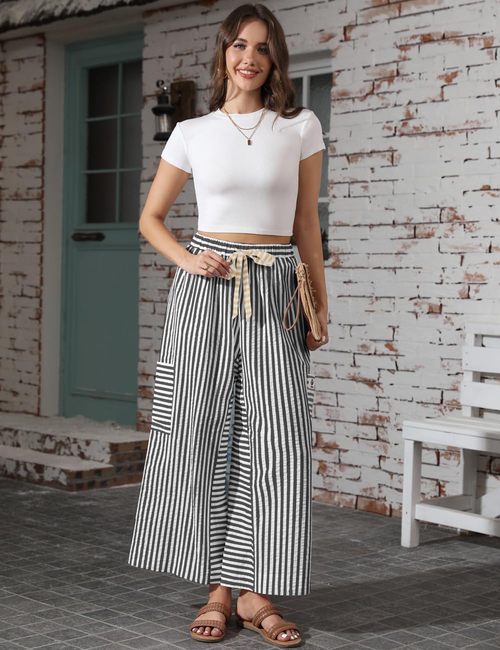 TARSE Women’s Striped Wide Leg Pants Drawstring Casual Boho Palazzo Pants Loose Lounge Beach Vacation Trousers