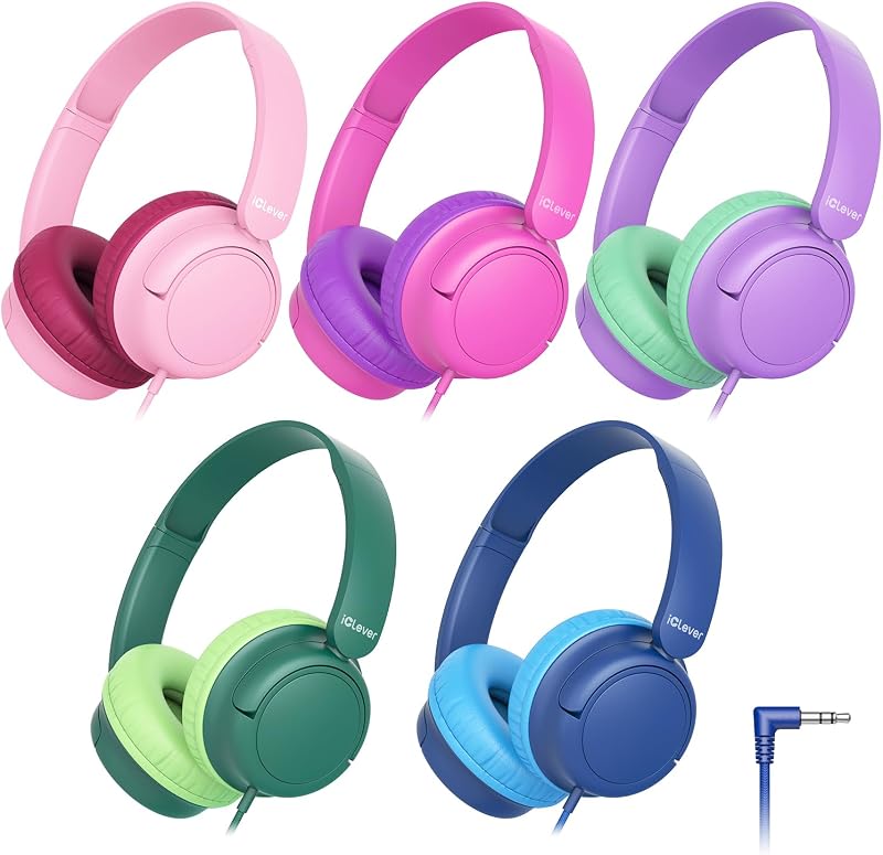 iClever Kids Headphones 5 Pack for Students K-12 & Teachers Classroom/Study | SafeSound Tech3.0, Durable PP Material, Multiple Folding Options, Soft Classroom Headphones for Tablets/Laptop, Bright Color