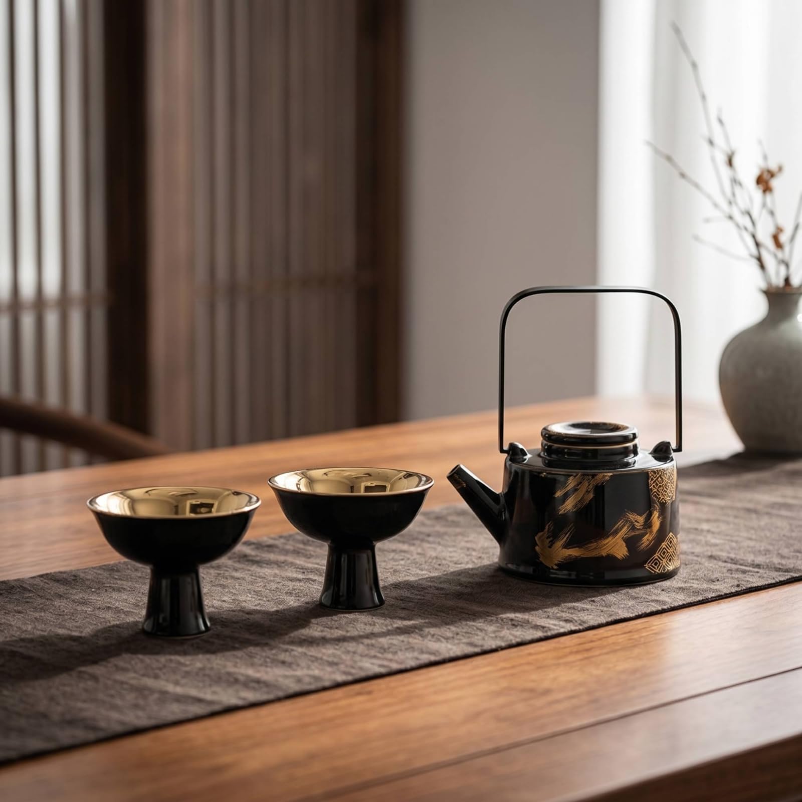 F Fityle 3 Piezas Tetera con Tazas Juego de Té Set de Cerámica Servicio de Té con Lateral y Asa de Arco Tono Metal Adecuada para Reuniones Pequeñas Pausa de Trabajo, style to 2