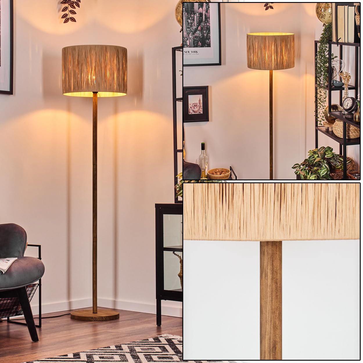 Stehleuchte Granja, Stehlampe aus Holz/Bast in Naturfarben, Leuchte im skandinavisch/modernen Design (Ø 40 cm), Höhe 165 cm, Fußschalter, 1 x E27, ohne Leuchtmittel