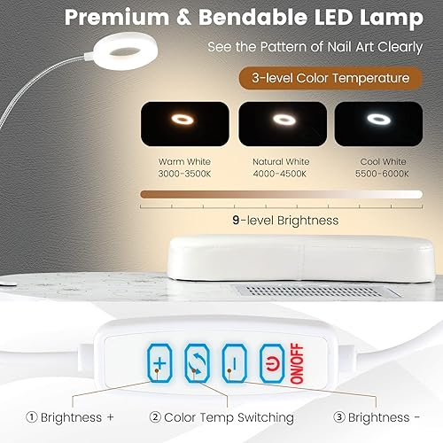 Miniatura 3 de GOFLAME Mesa de manicura para uñas, escritorio plegable para técnico de uñas con ventilación eléctrica descendente, lámpara LED flexible,