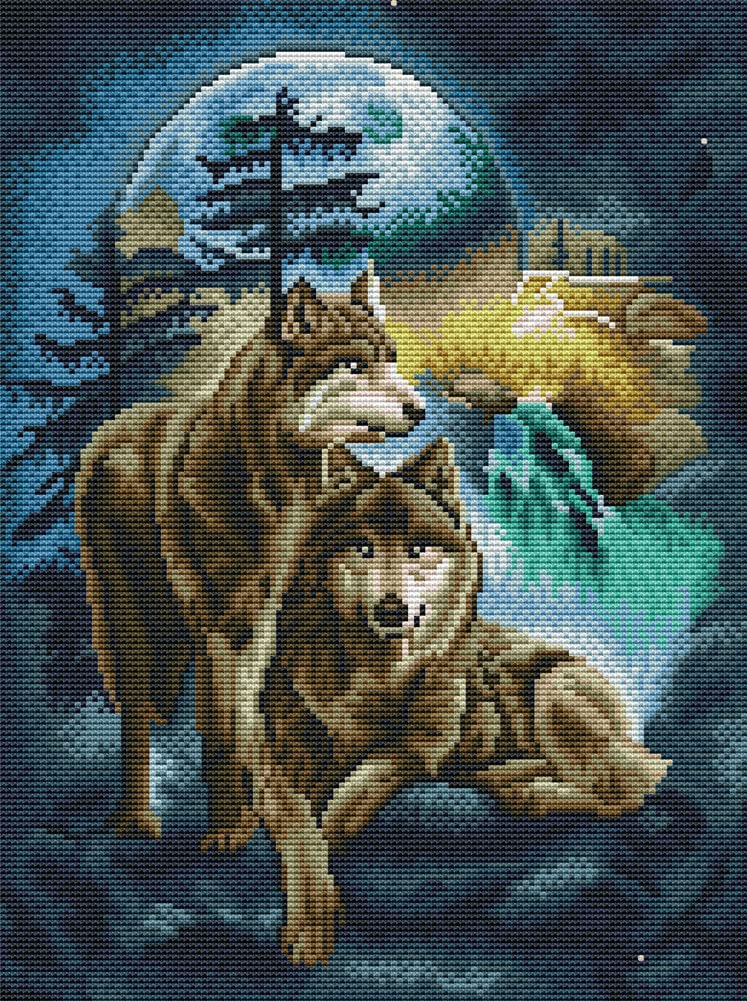 Awesocrafts Wolf Cross Stitch Stamped Kits Moon Wolves Easy Patterns Cross Stitching Embroidery Needlework Kit Supplies (Wolf)