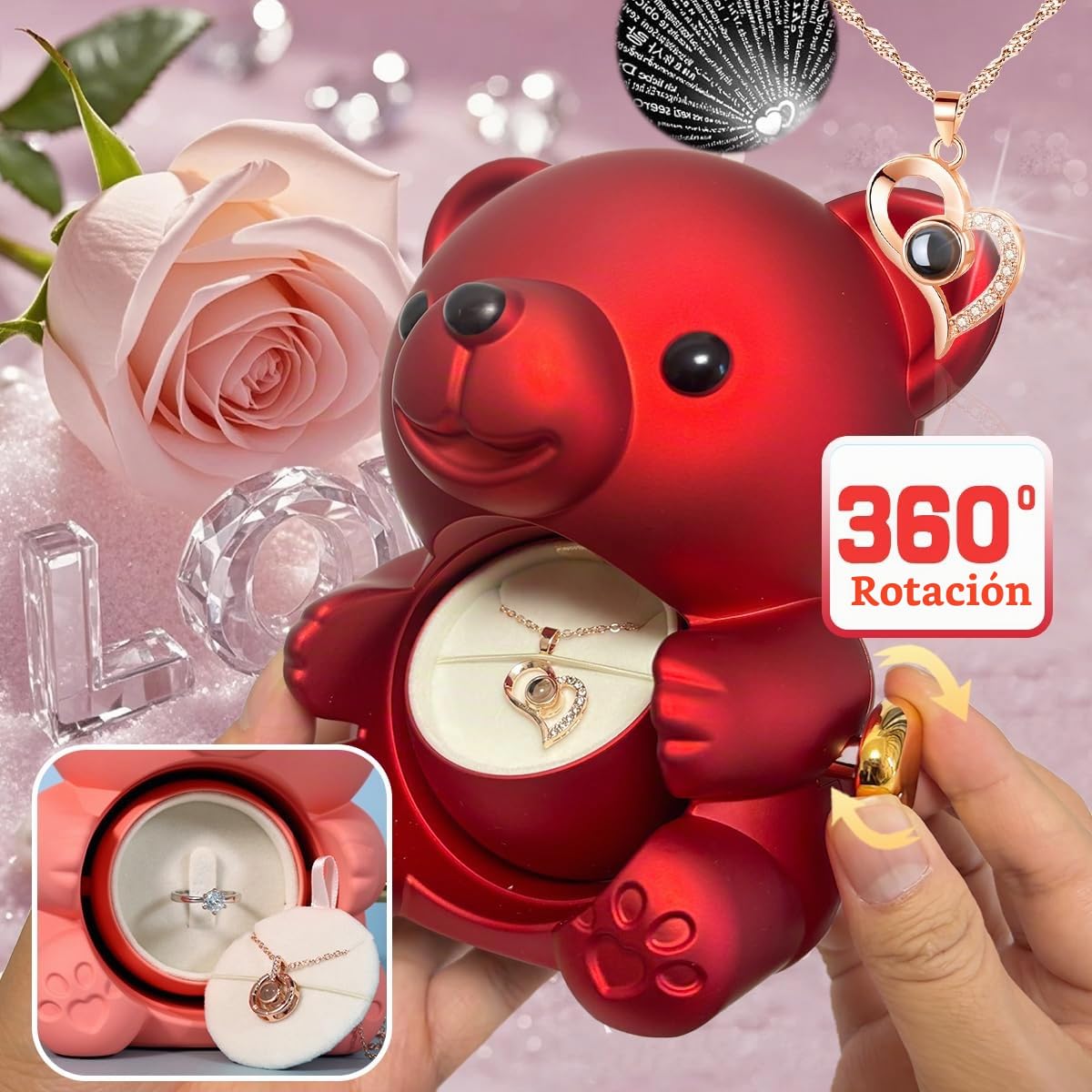Oso con Rosa Eterna y Collar Te amo en 100 Idiomas, Caja de Regalo Romántica con Flor Preservada, Ideas de Regalo para Mujer, Mamá, Novia, Esposa en Navidad, San Valentín, Día de la Madre y Cumpleaños