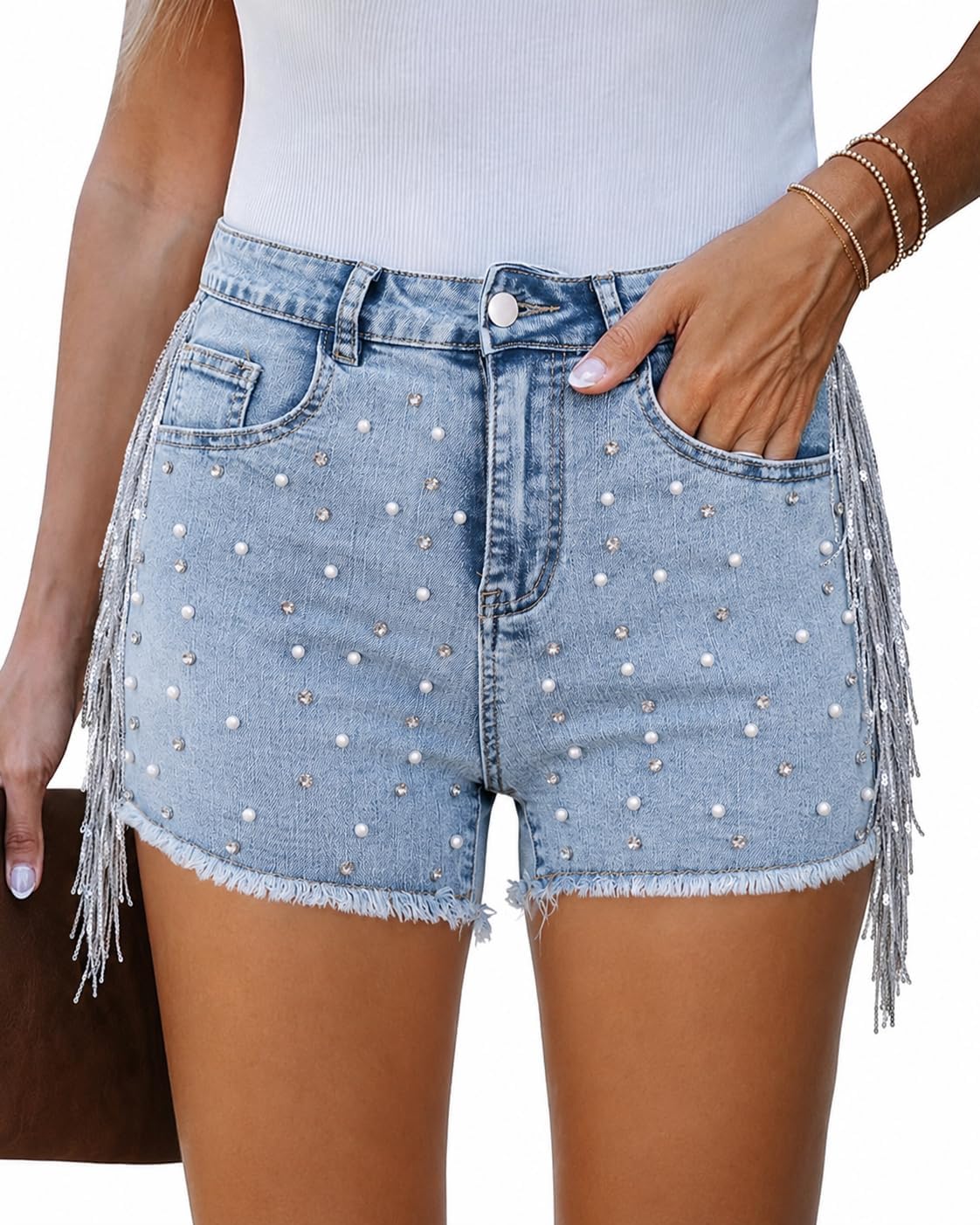 Cyparel Womens High Waisted Denim Shorts Ripped Rhinestone Fringe Pearl Beaded Tassel Stretchy Frayed Hem Summer Jean Shorts