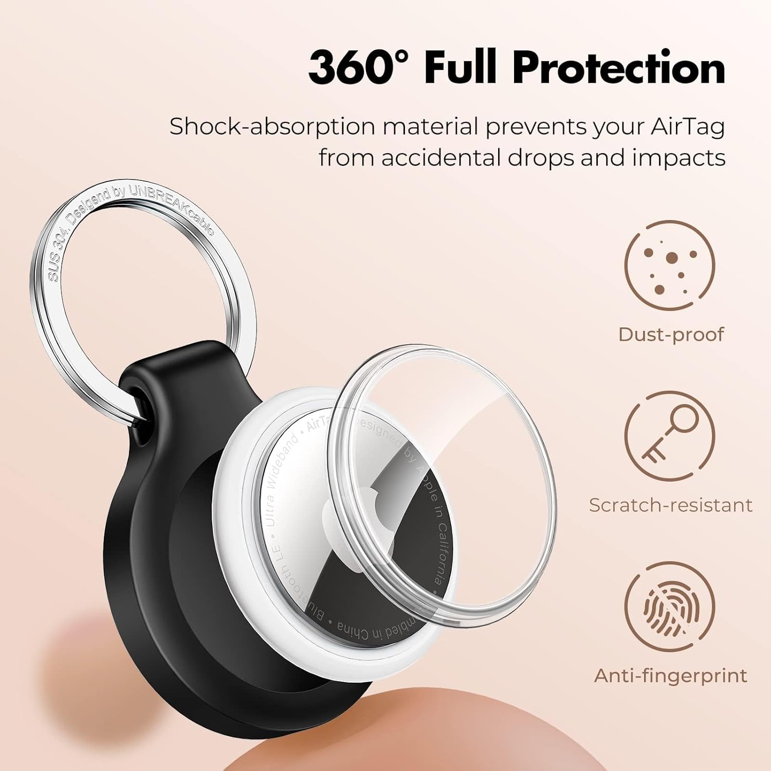 UNBREAKcable 360° Protective Holder for AirTag, [4-Pack] AirTags Keyring [Full Cover] [Scratch-Resistant] [Pefect Fit] [304 Stainless Steel] Keychain for AirTag TPU Case for Key, Luggage, Pet Collar - Image 3