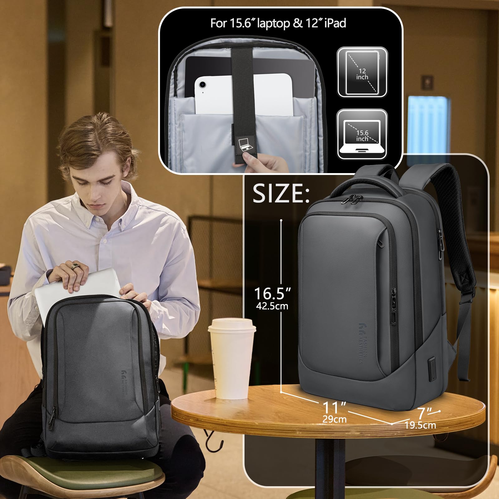 hk Zaino per laptop da uomo con porta di ricarica USB, impermeabile, per computer da 15,6 pollici, resistente, high-tech, zaino casual per lavoro, università, weekender, viaggi, grigio scuro, grigio