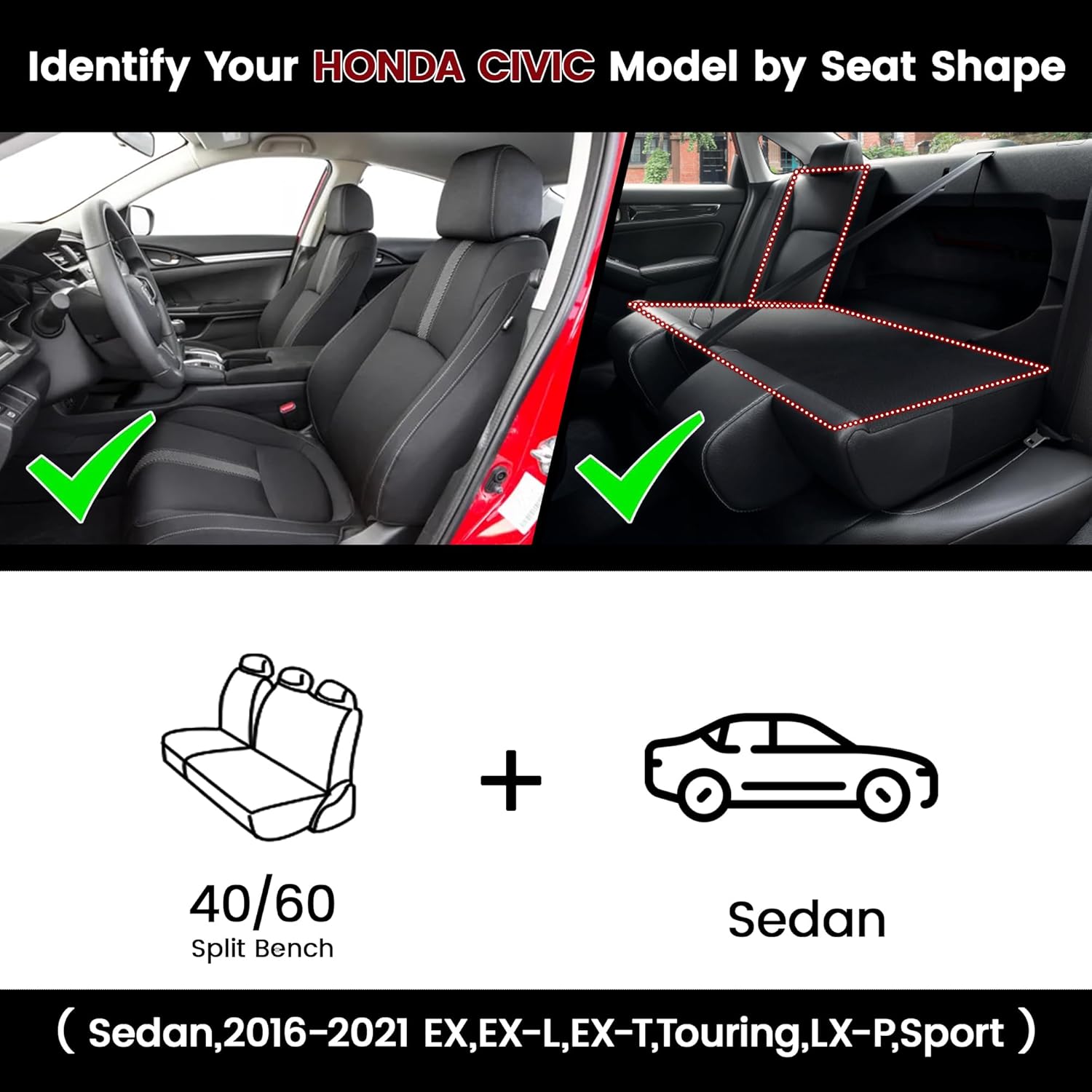 hkz custom fit civic seat covers for honda civic sedan 2016 2017 2018 2019 2020 2021 ex,ex-l,ex-t,touring,lx-p,sport - 5-seats leather full set,black sedan,2016-2021 ex,ex-l,ex-t,touring,lx-p,sport black