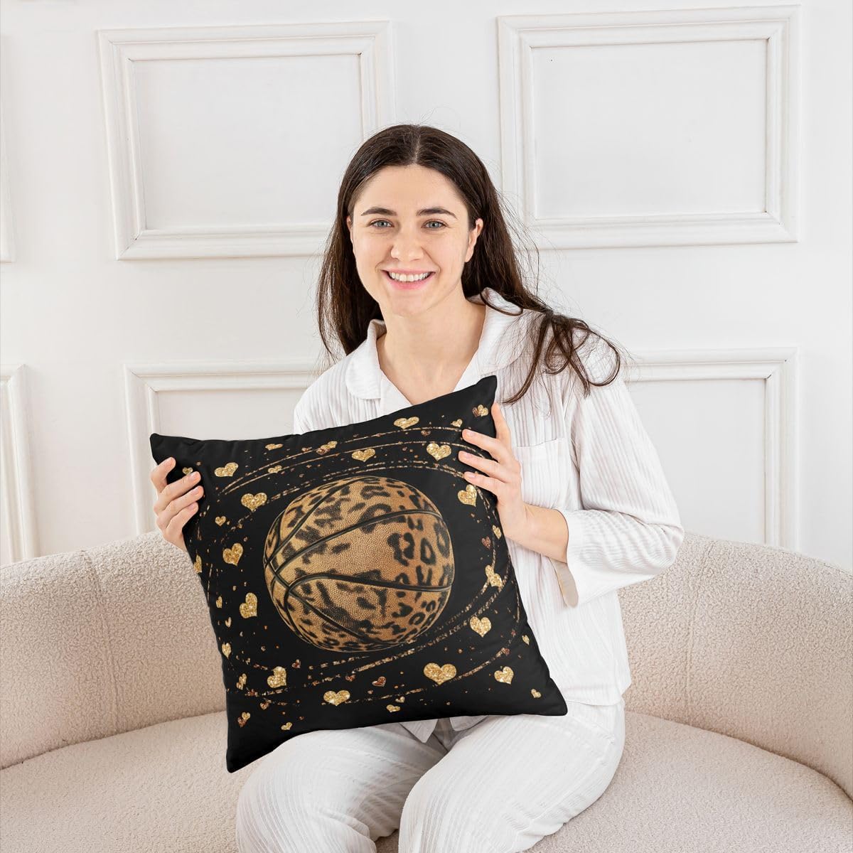 Manfei Basketball Throw Pillow Cover Gold Hearts Brown Leopard Print Double Sides Pillow Case for Kids Boys Girls Room Decor,Sports Gaming Theme Cushion Cover for Bed Couch Sofa,4 Pack 20"x20" image 3