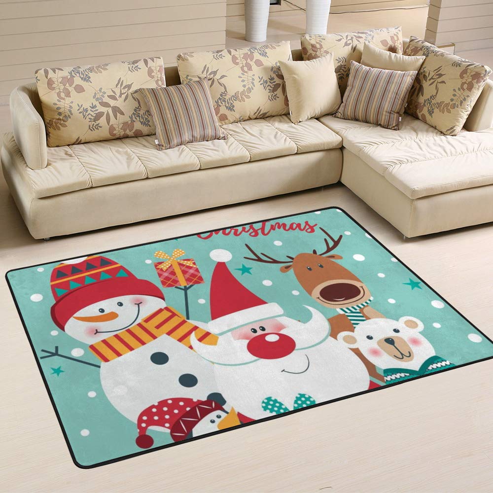 Tapis de Noël bleu salon hiver bonhomme de neige grand tapis Ruchen 160x120cm