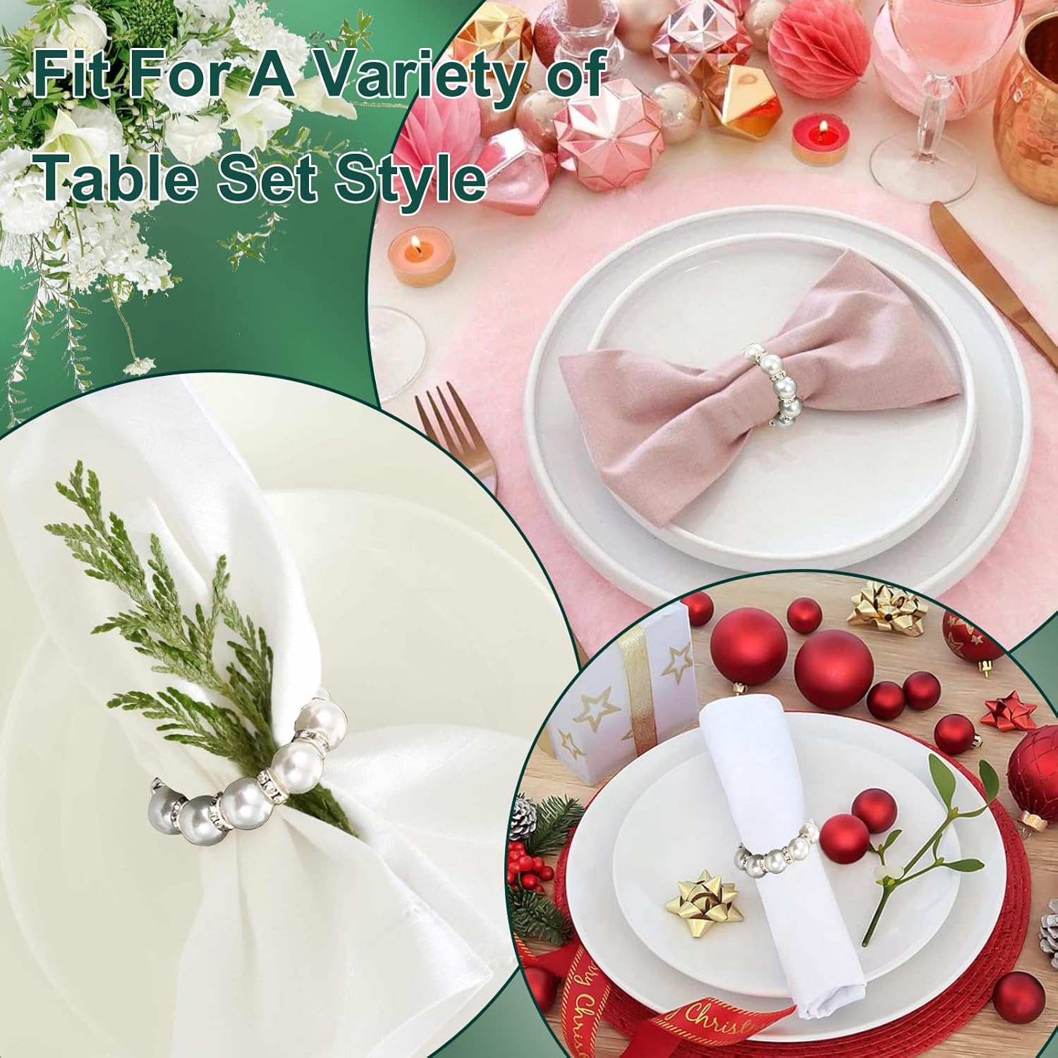 100Pcs Pearl Napkin Rings, Delicate Pearl Napkin Ring Holder, Elegant Imitation Beaded Serviette Rings Buckle for Wedding Reception Party Banquet Dinner Table Decor Use (Silver, Medium)