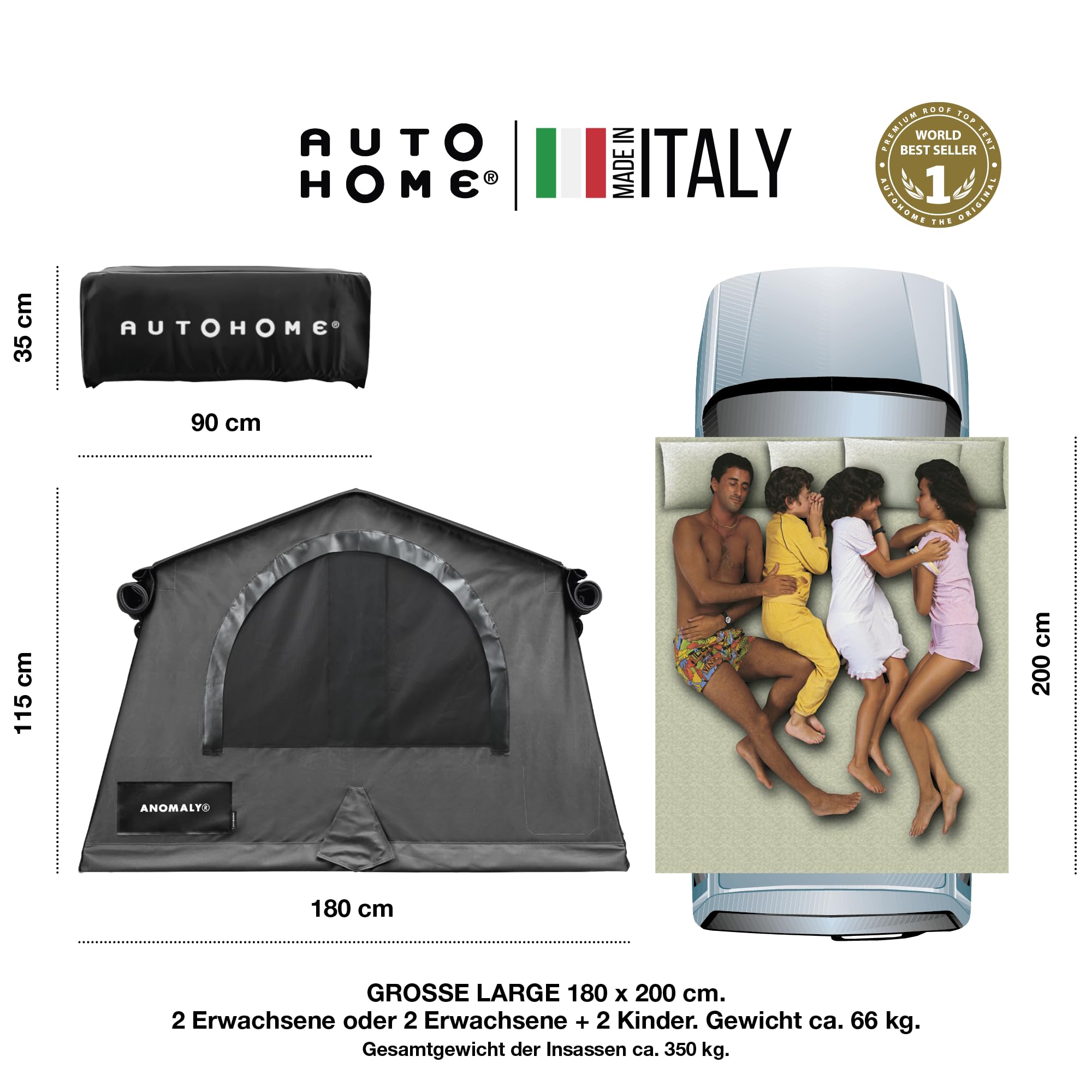 Autodachzelt Anomaly 1.0 – Geräumig & Widerstandsfähig, Wasserdicht & Atmungsaktiv – Ideal für Camping mit Matratze, Verdunkelnden Moskitonetzen & Markise – Made in Italy