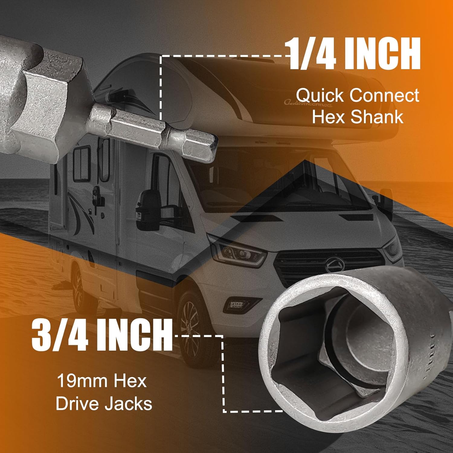 Heavy Duty RV Scissor Jack Socket Drill Adapter, Compatible with 3/4 inch or 19mm Hex Drive Jacks 1/4" Hex Shank, Nut Driver RV Lift Tack Trailer Stabilizer Leveling Scissor Jack Socket Quick