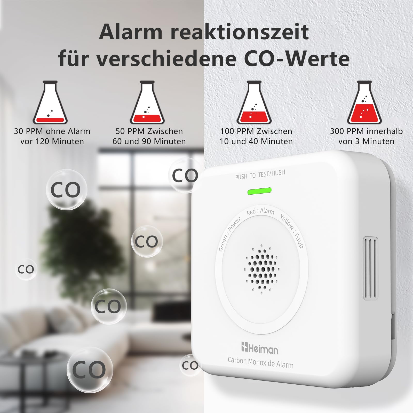 HEIMAN Detector de CO Interconectada, alarma CO de monóxido de carbono, sensor de 10 años, pilas intercambiables, 85 dB, detector de monóxido de carbono para el hogar, portátil, funciona con pilas (1)