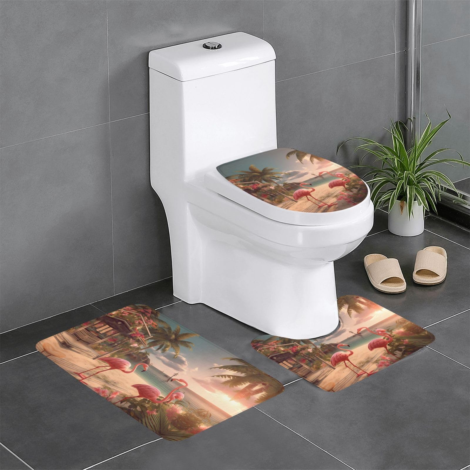 Tapis de salle de bain antidérapants et absorbants à motif flamant rose pour WC, lot de 3