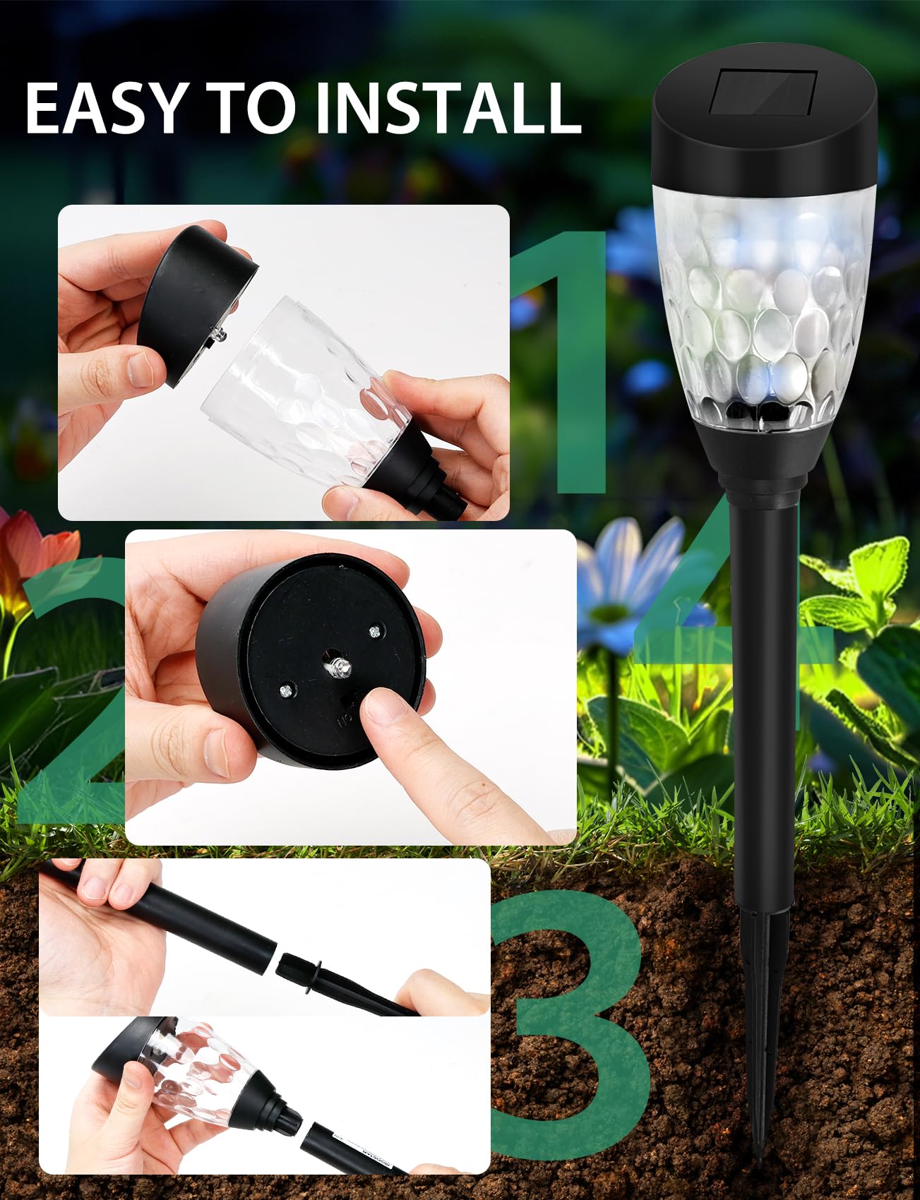 Aigostar Luces Solares Jardín 12 Pcs: 6500K Fría Blanca Luz Solar Jardin - IP44 Impermeable para Jardín/Césped/Pasillo/Patio