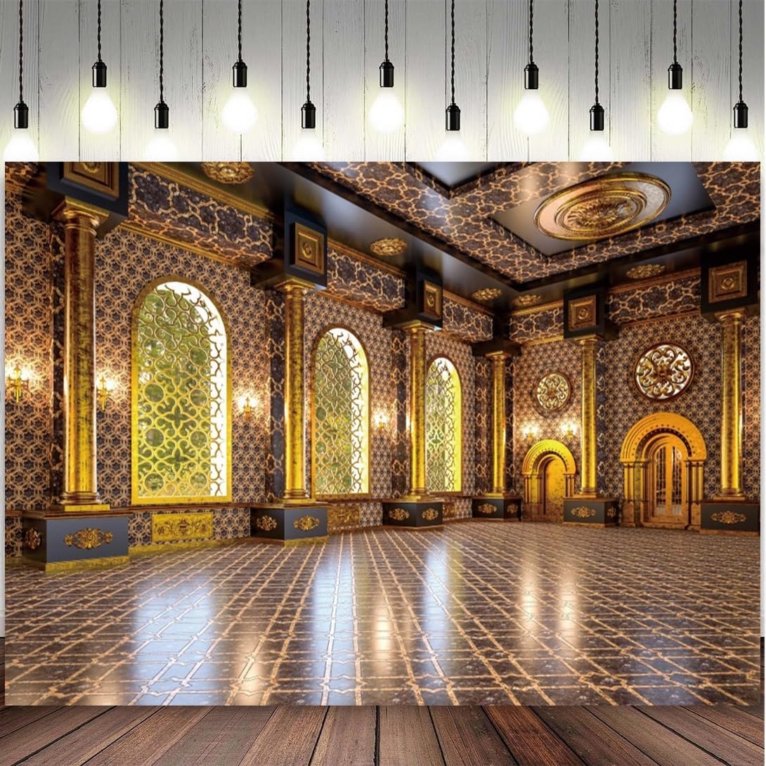 12x8フィート 豪華な宮殿の背景幕 ボーイングウィンドウ 金色の柱 ヴィンテージ彫刻 インテリア 建築の背景 結婚式 誕生日 子供