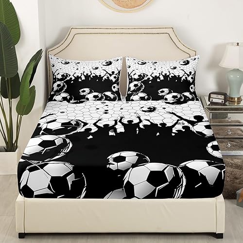 Miniatura 3 de Manfei Juego de sábanas bajeras de fútbol tamaño matrimonial, juego de ropa de cama con temática deportiva de fútbol, 3 piezas para decoración de