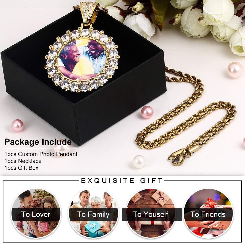 TUHE Custom Picture Necklace Personalized Hip Hop Iced out Heart Angle Wings Pendant Photo Necklace for Men Women Memory Chain Necklace Customized with Picture Rope/Tennis/Cuban Chain Necklaces