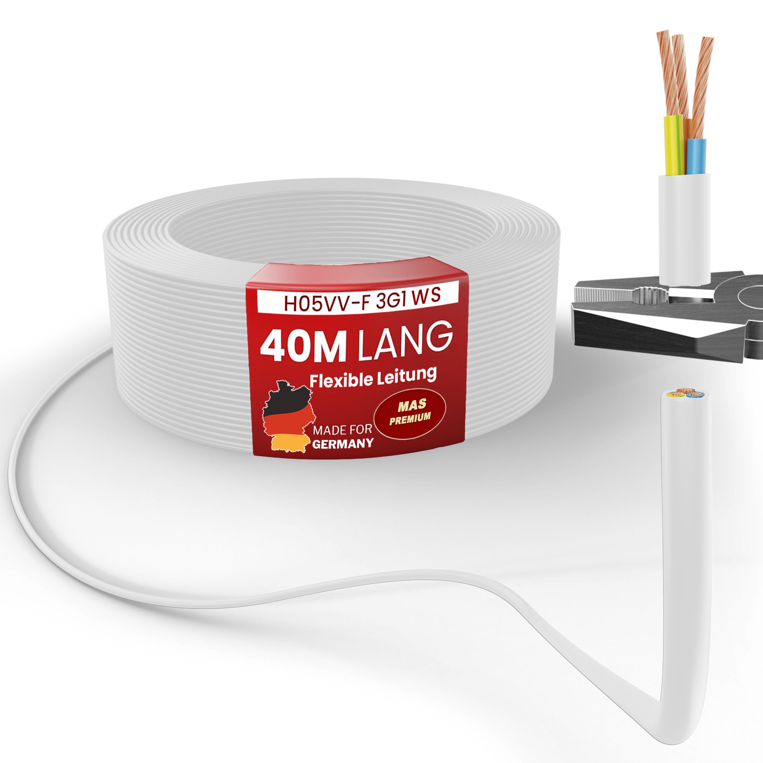 Cavo flessibile in plastica da 5 a 100 m, H05VV-F 3G0,75; 3G1; 3G1,5 o 3G2,5, bianco