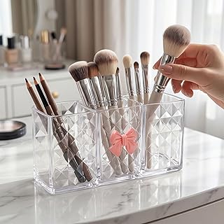 Acrylic Makeup Brush Holder with Pink Bow,3 Compartment Clear Cosmetic Organizer for Vanity, Countertop Multi Purpose Desk Organizer for Eyebrow Pencils, Lipsticks, Brushes and Office Pens
