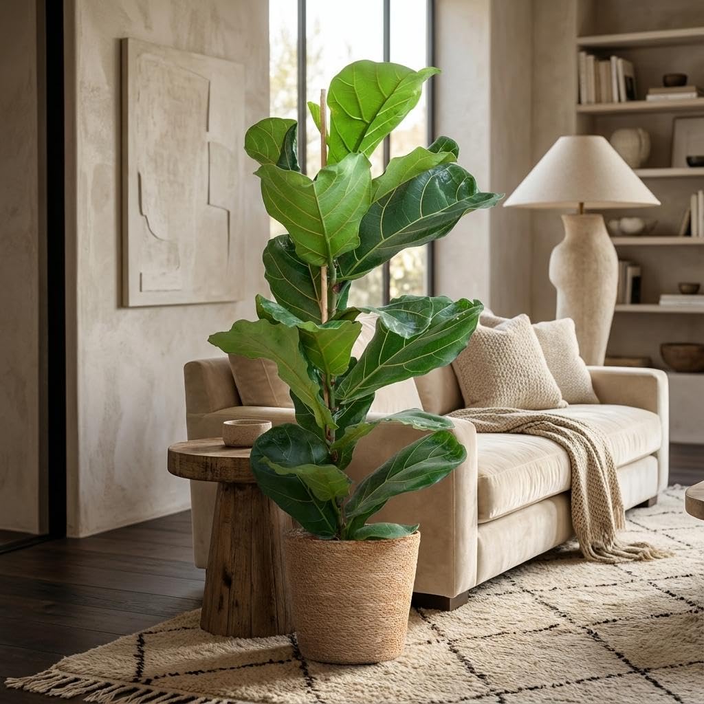 Ficus Lyrata con Cesto in Alga Marina, Interno, Naturale, 80cm, Ø21