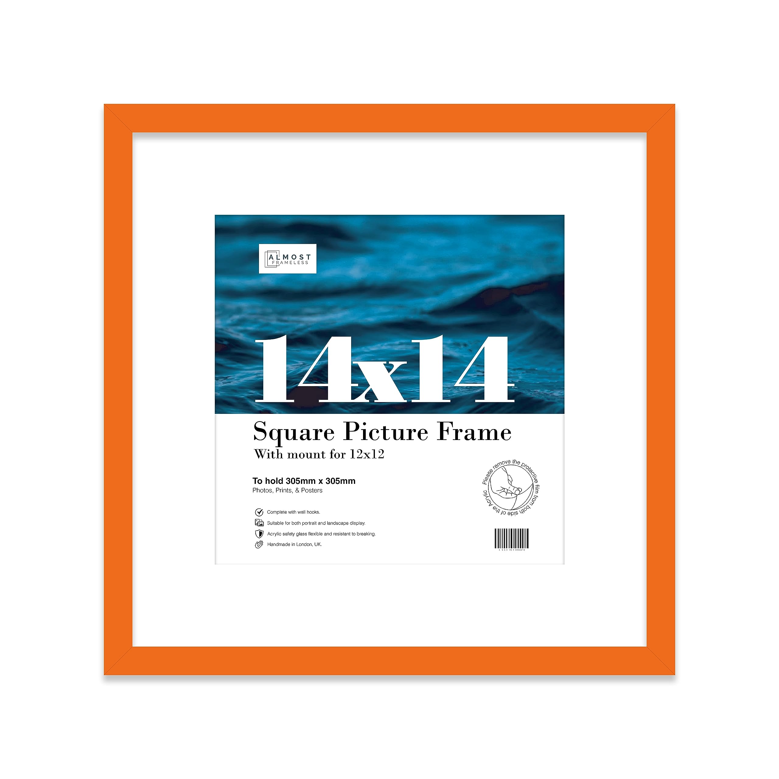 14x14 Orange Picture Frame with Mount for 12x12 Photos, Prints - Modern Square Wall Frame, 1 Pack
