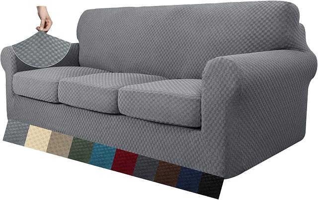 MAXIJIN 4 Piece Newest Jacquard Couch Covers for 3 Seater Super Stretch Non Slip Couch Cover for Dogs Pet Friendly Elastic Furniture Protector Sofa Slipcovers (3 Seater, Light Grey)