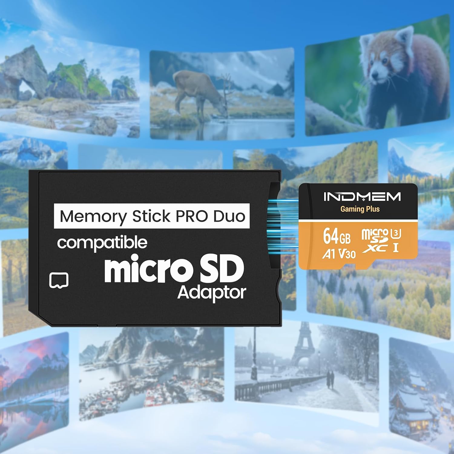 Memory Stick PRO Duo Adapter with 64GB MicroSDXC Card U3 V30,Micro SD/SDHC/SDXC to Memory Stick PRO Duo MagicGate Card,Compatible with PSP3000/E1000,Cybershot Camera,Handycam,Smartphone