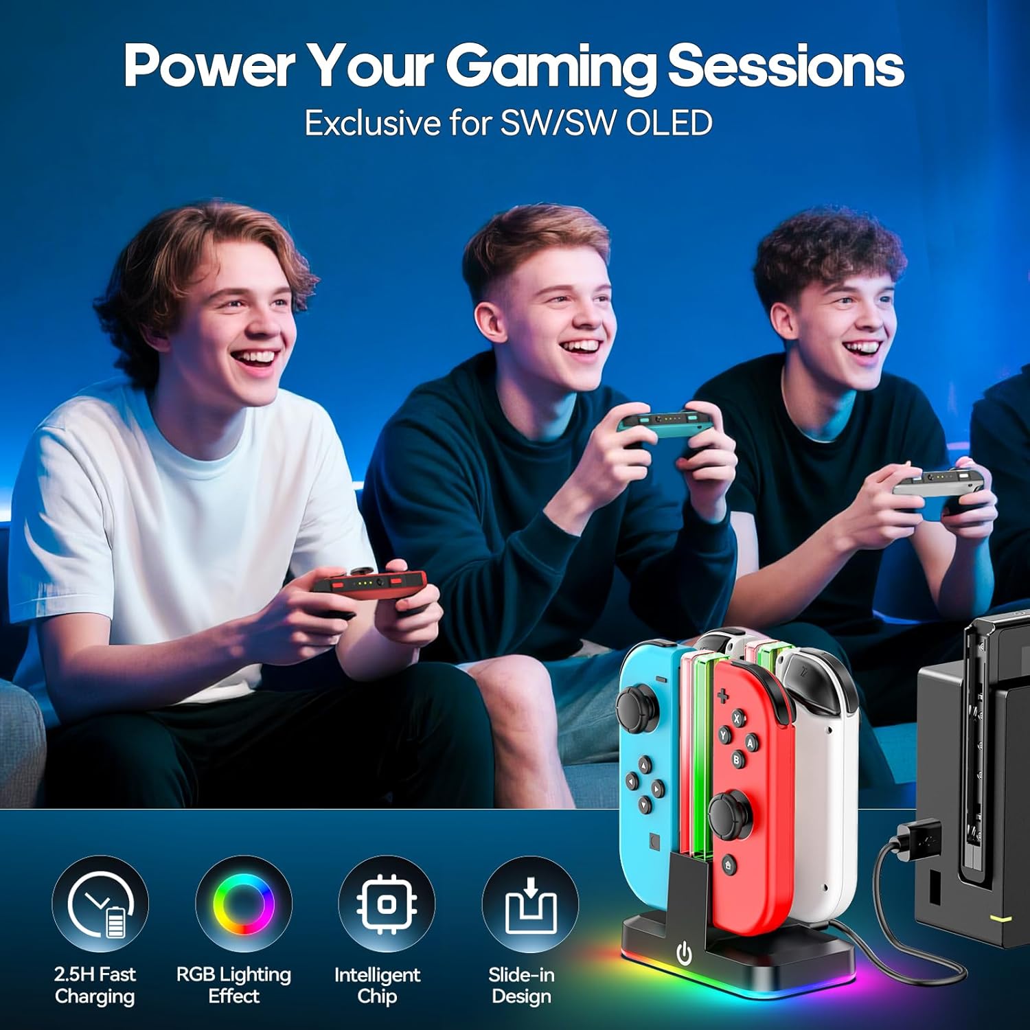 Switch Controller Charger for 4 Joycons with 9 RGB Light Modes, Joy con Charger Stand with LED Indicators, Switch Charging Dock Station for Joycon Charging for Nintendo 64 Console - Image 6