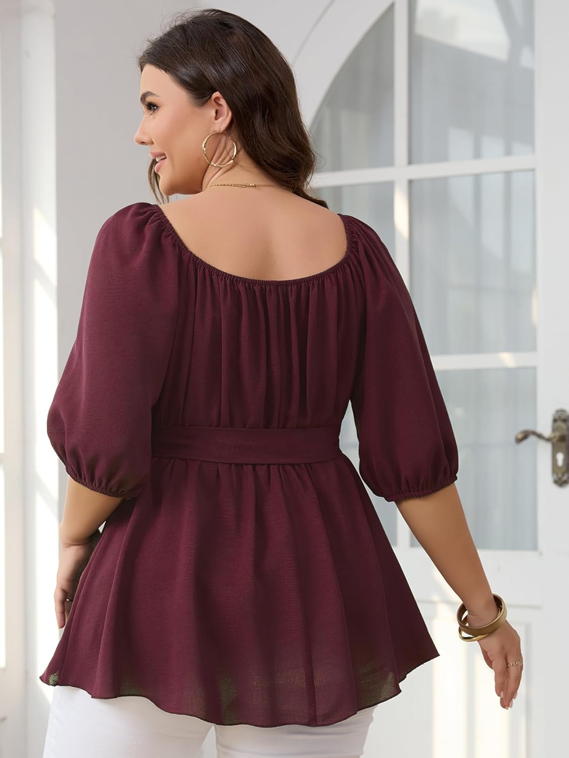 Women's Plus Size Square Neck Peplum Blouses Dressy Tops 3/4 Puff Sleeve Empire Waist Tie Ruffle Hem Babydoll Top - Image 4