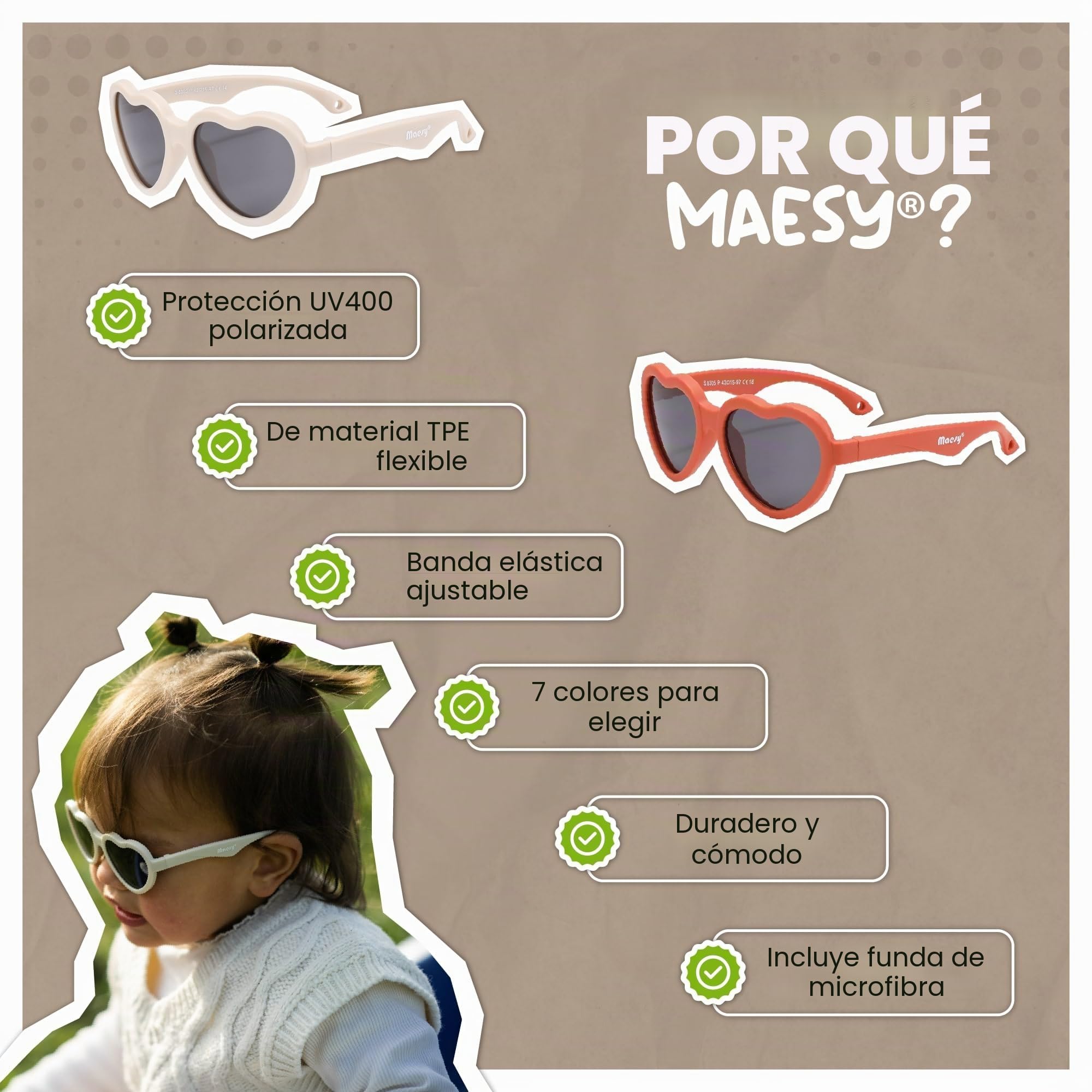 Gafas de Sol para Bebé, 0-2 Años, Protección Polarizada UV400, Montura Flexible y Blanda, Cinta Elástica Ajustable, Gafas de Sol Seguras y Cómodas para Bebés, Maes