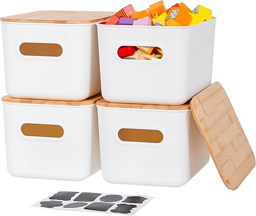 Vista 25 de Citylife - 2 contenedores de almacenamiento de plástico con tapas de bambú para organizar cajas de almacenamiento apilables con asa, 10.23 x 7.08 x