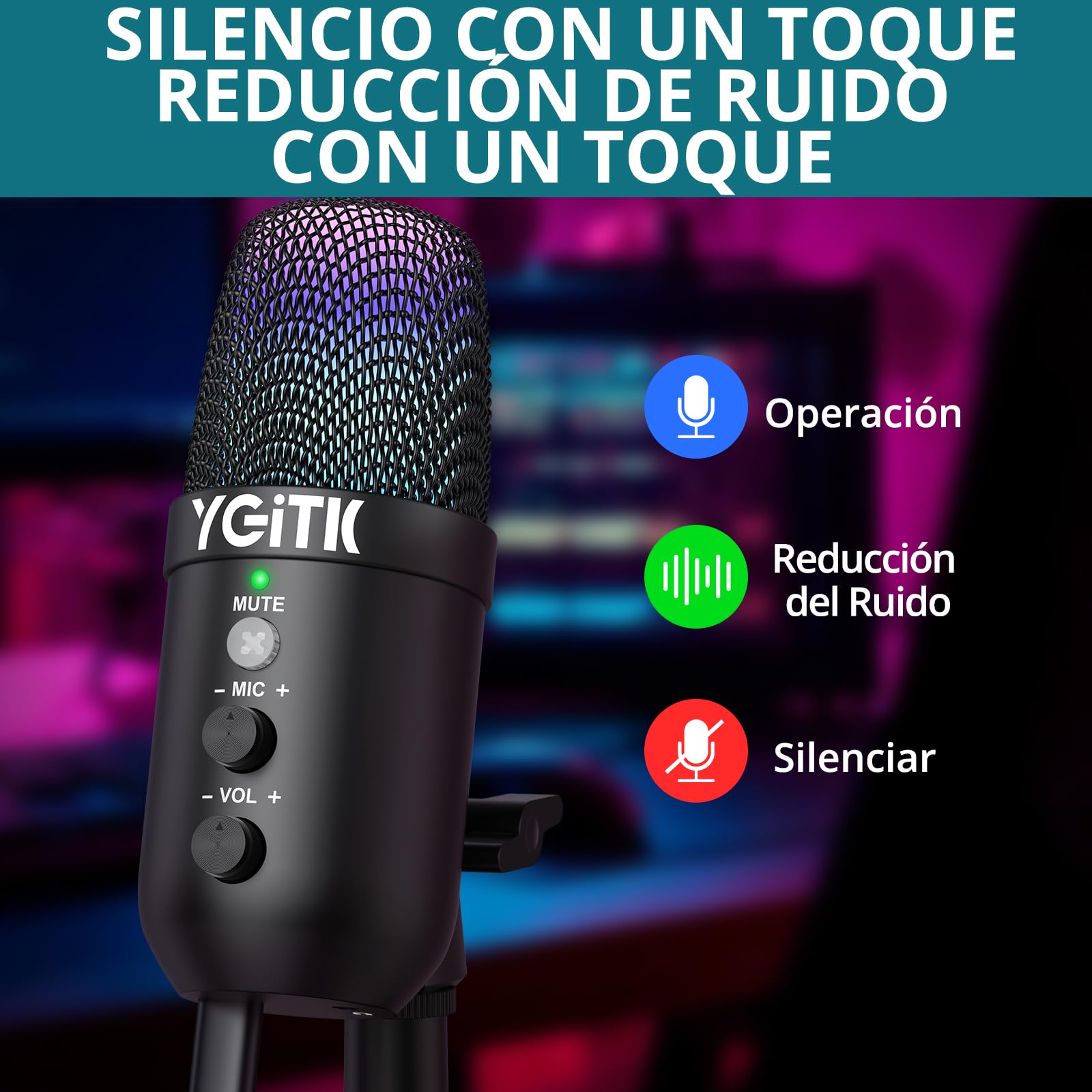 Micrófono USB，Microfono PC Gaming RGB,Reducción Inteligente del Ruido con Audio de 3.5 mm Plug & Play para PC Teléfonos, Canto, Youtube,Facebook TIK Tok Compatible con Mac, Windows