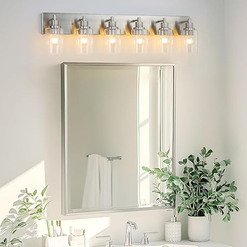 Miniatura 10 de LOUSACE Lámpara de tocador de baño de 6 luces de níquel cepillado, accesorios de iluminación de baño con pantallas de vidrio transparente sobre
