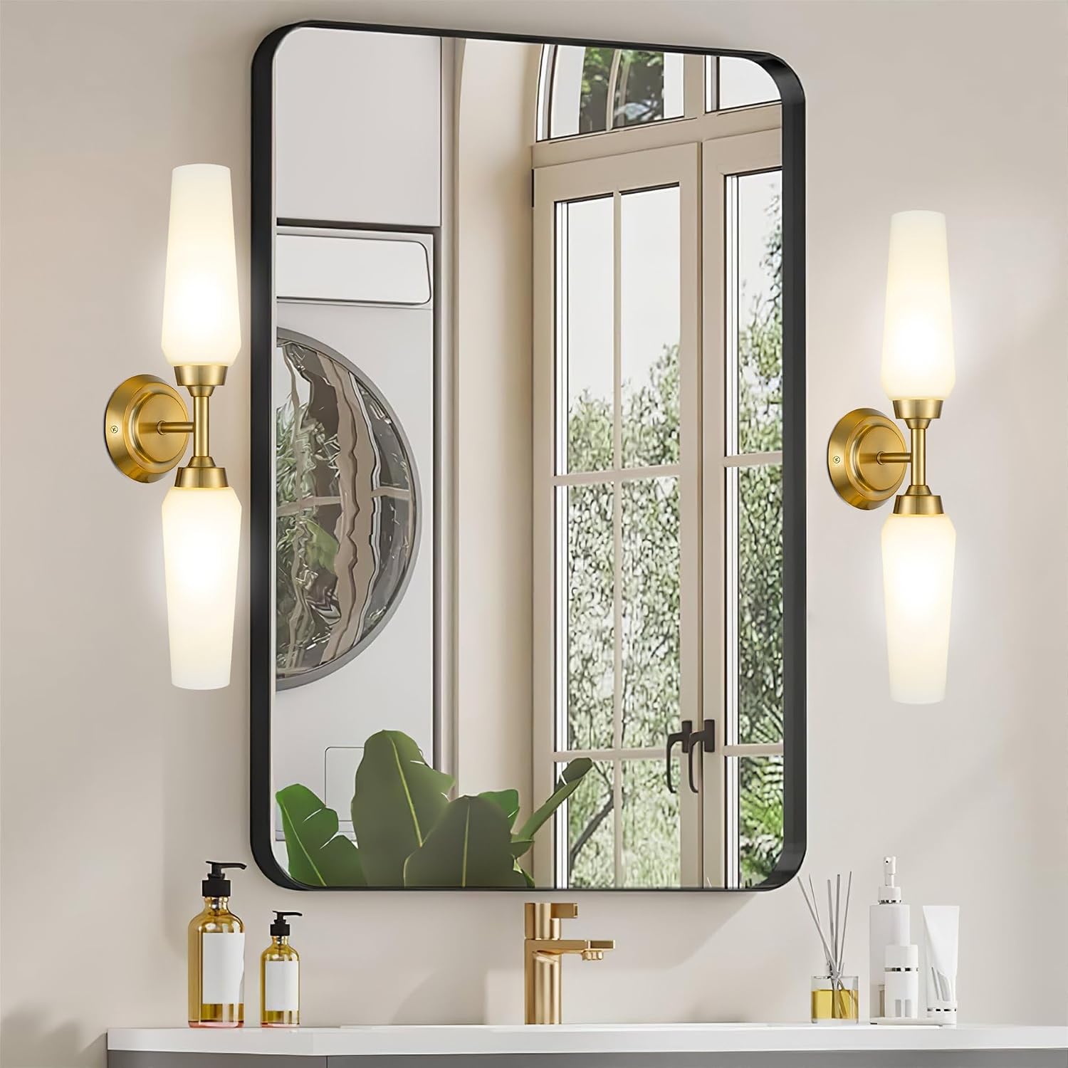 Kira Home Aurora 21" Modern Gold Wall Sconce with Frosted Glass Cylinder Shades, Linear 2-Light Gold Wall Light, Cool Brass Finish