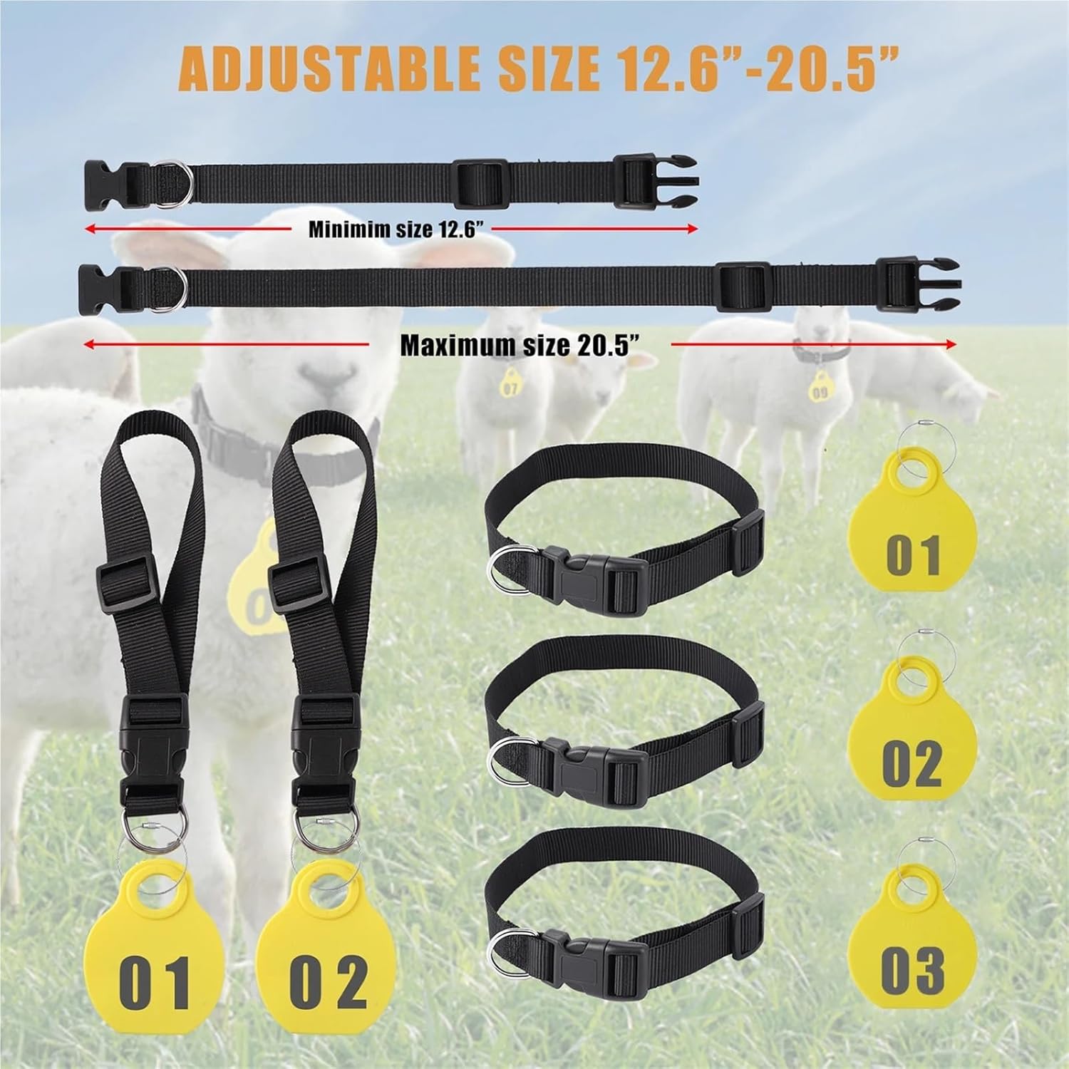 Goat Collar 28 Pcs Adjustable Nylon Collar Pet Livestock Hang Tag with Double-Sided Serial Number for Farm Animal Goat Sheep for Small Farm Animal Sheep Cow(57-84 -Nylon Collar)