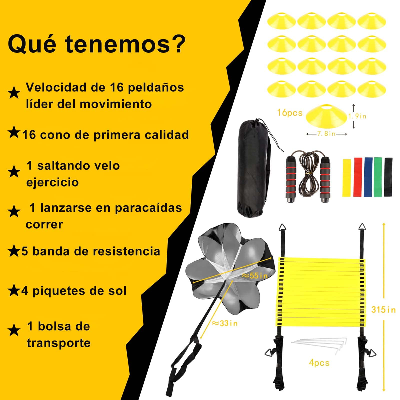Set de Entrenamiento de Fútbol Agility Speed Ladder, Escalera de Coordinación 8m, 16 Conos Accesorios de Paracaidas Entrenamiento Futbol, Kit de Entrenamiento Futbol Niños y Adultos
