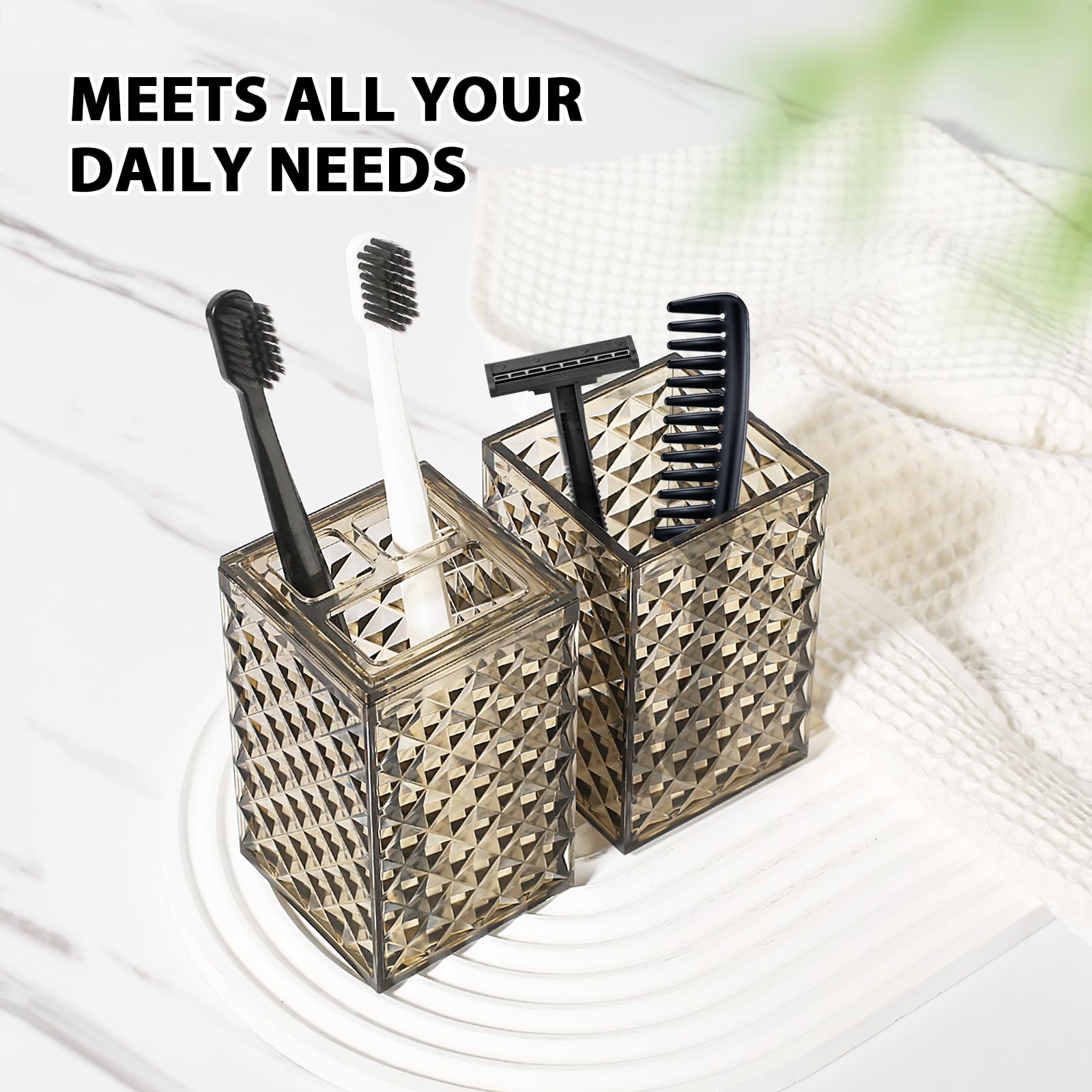 RYTOXILO Juego de accesorios de baño, 4 unidades de accesorios de baño acrílicos marrones, dispensador de jabón de diamante y soporte para cepillo de dientes, juego de fregadero de baño, decoración