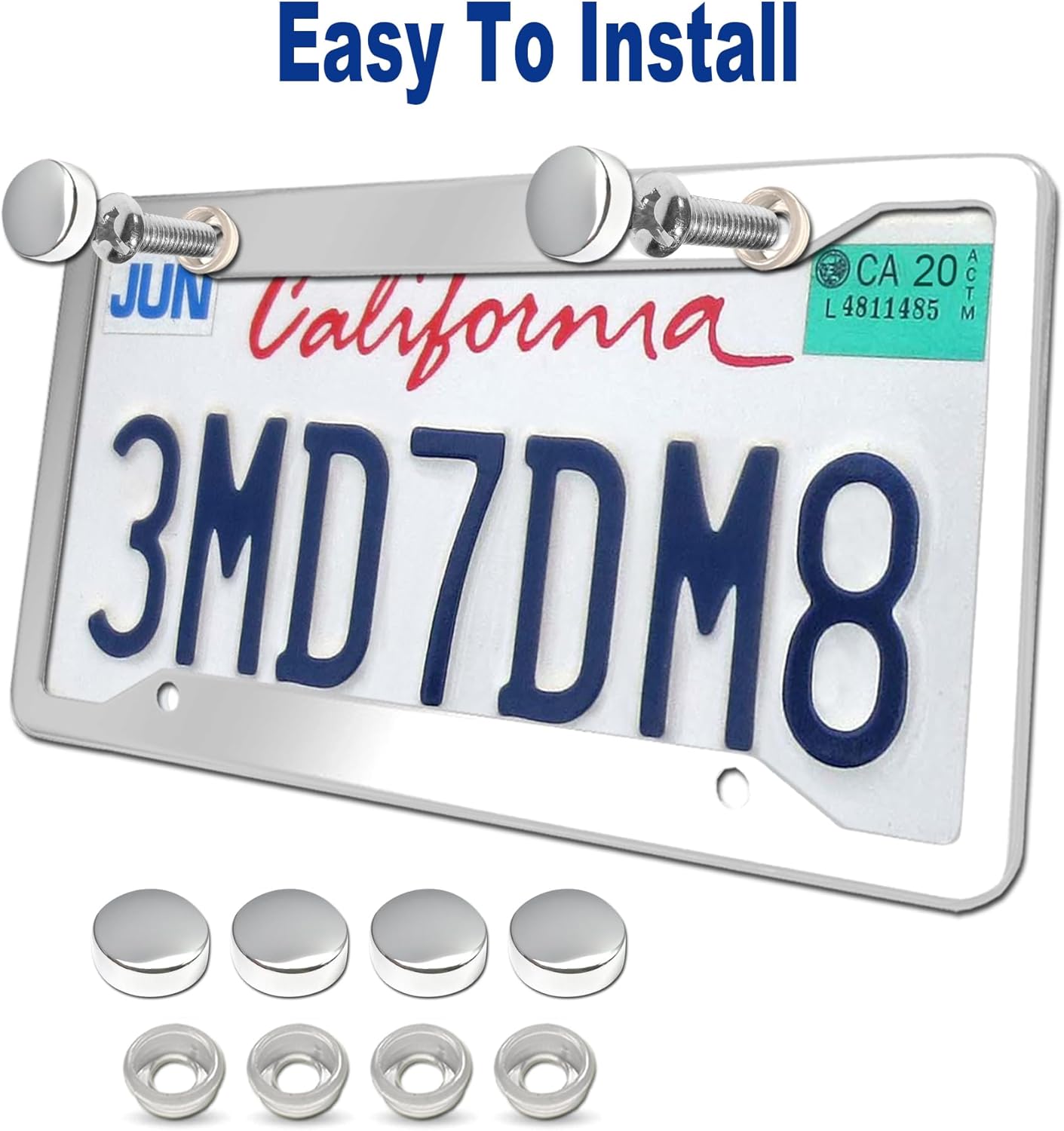 BGGTMO Stainless Steel License Plate Frames- 2 Pack Heavy Duty Polished Mirror Car Tag Cover with Chrome Screws Caps, 4 Holes Front & Rear Holders with Fasteners, Inserts, Rust/Rattle Proof Pads