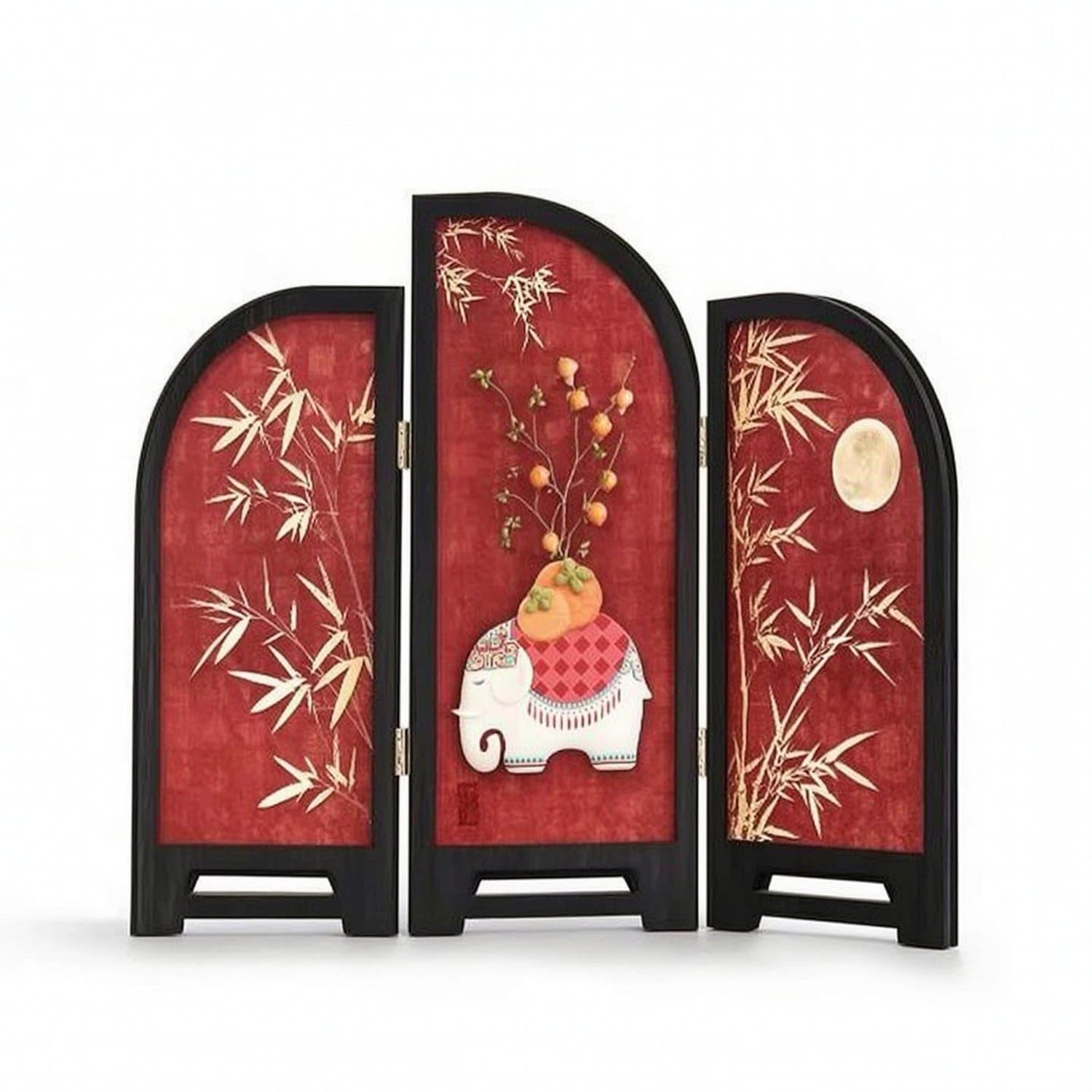 Tabletop Desktop Screen with Arched Panels Foldable Three-Panel Folding Screen Miniature for Cabinet, Tea Table, Living Room, Auspicious Elephant-image-46