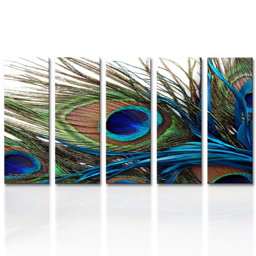 Canvas Prints Wall Art Peacock Feathers Painting Bird Plume Modern Art for Living Room Decoration Ready to Hang set of 5 (10x28inch(25x70cm)x5pcs)
