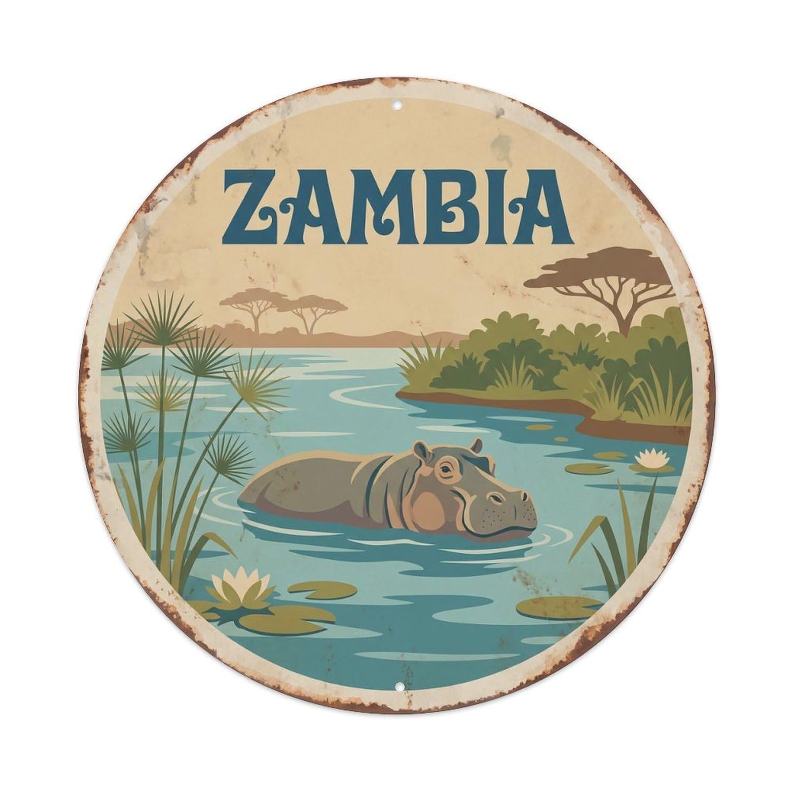 Zambia Hippopotamus River Reeds Metal Tin Sign