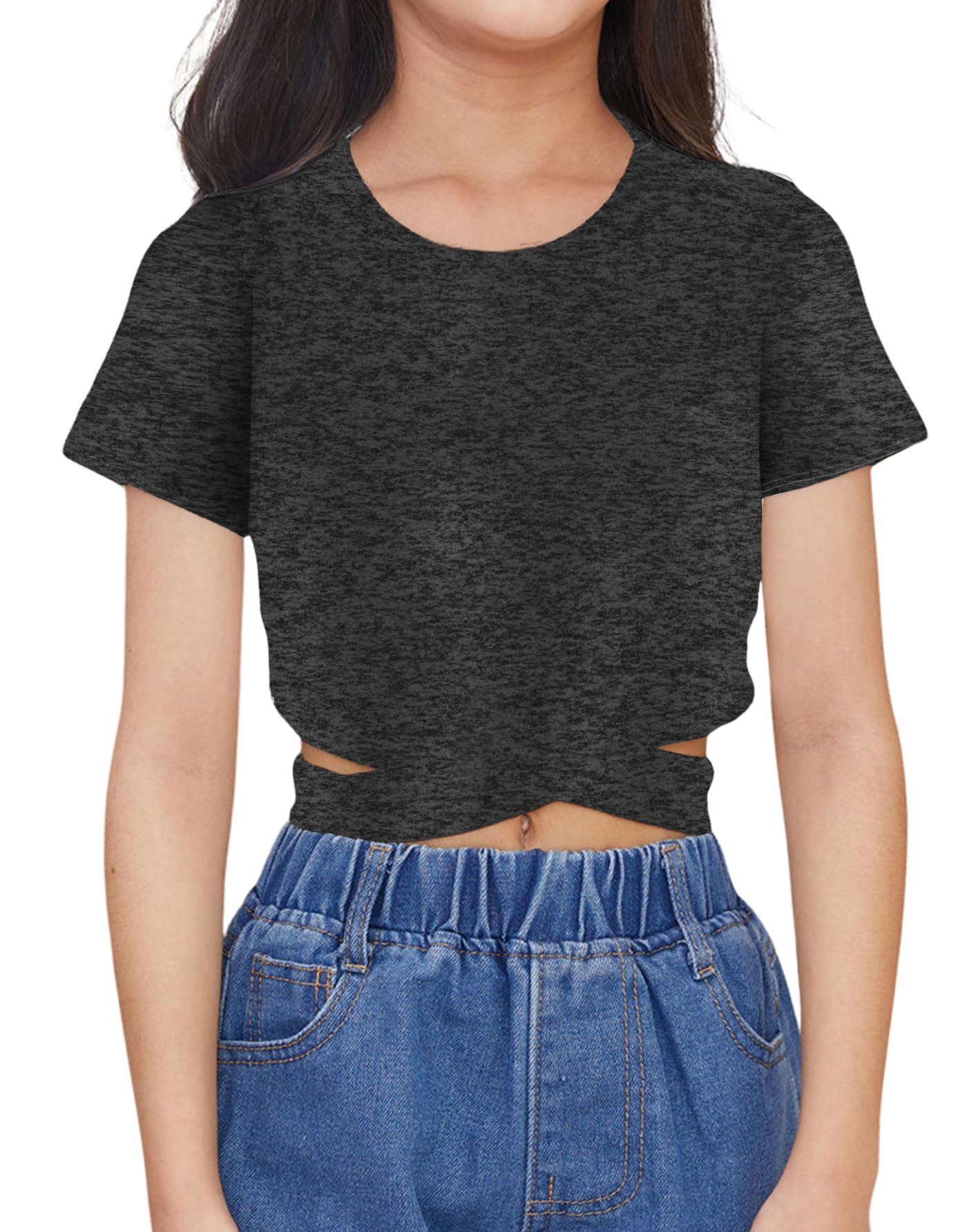 OYOANGLE Girl's Cute Crisscross Short Sleeve Cutout Solid Crop Top Tee T-Shirts