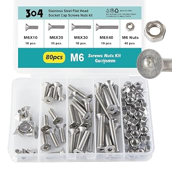 M6 x 10mm 20mm 30mm 40mm, Flat Head Hex Socket Cap Screws Bolts, Countersunk Bolts and Nuts, Stainless Steel 304, Bright Finish, Metric Allen Drive, Fully Thread, Assortment Kit 80PCS