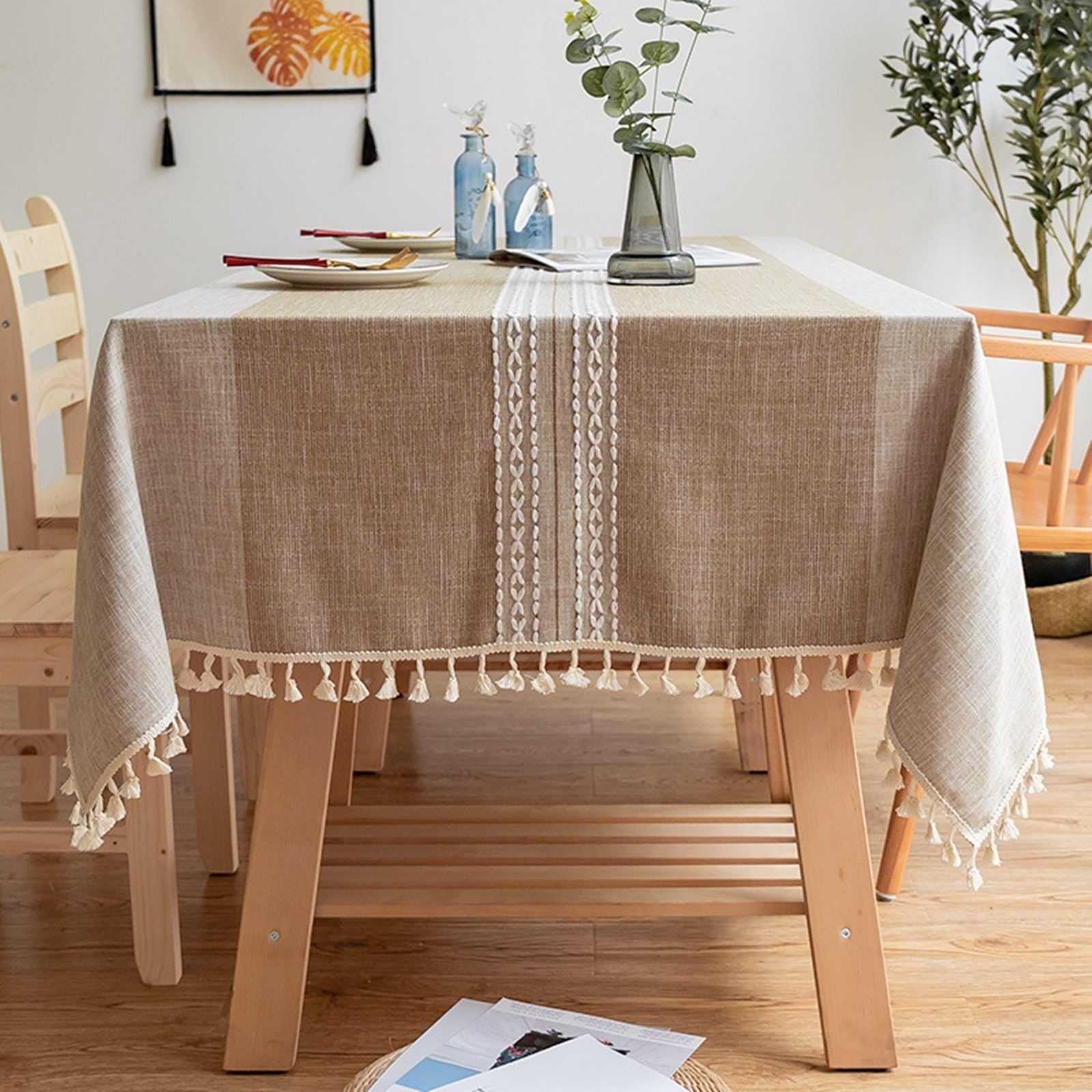 AMDXD Manteles a rayas con borlas, mantel de poliéster, mantel de jardín, duradero, resistente a los arañazos, para comedor, jardín, fiesta, bodas o hogar, 140 x 180 cm, café