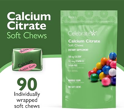 Celebrate Vitamins Bariatric Calcium Chews 500 Mg with Vitamin D3, 3 Months Supply (90 Chews) for Gastric Sleeve & Bypass, Bone Health Support, Sugar & Gluten Free, Bubble Gum