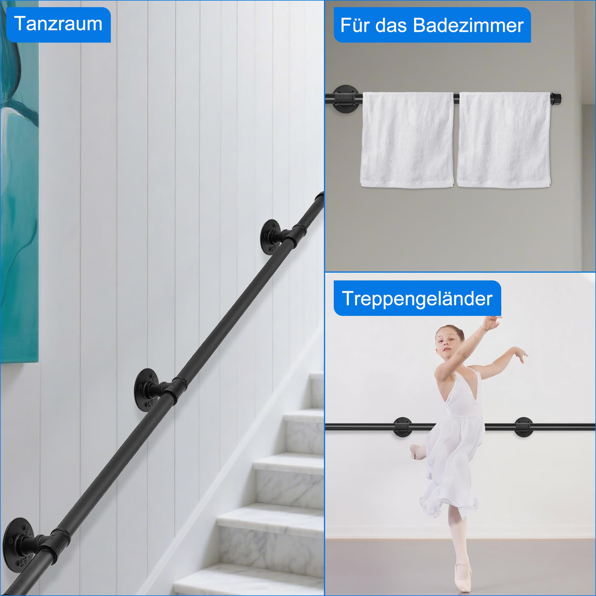 OUUTMEE Corrimano da 335 cm, in ferro battuto, calibro: Ø 25 mm, adatto per interni ed esterni, ringhiere per scale, con supporto a parete e tappi terminali