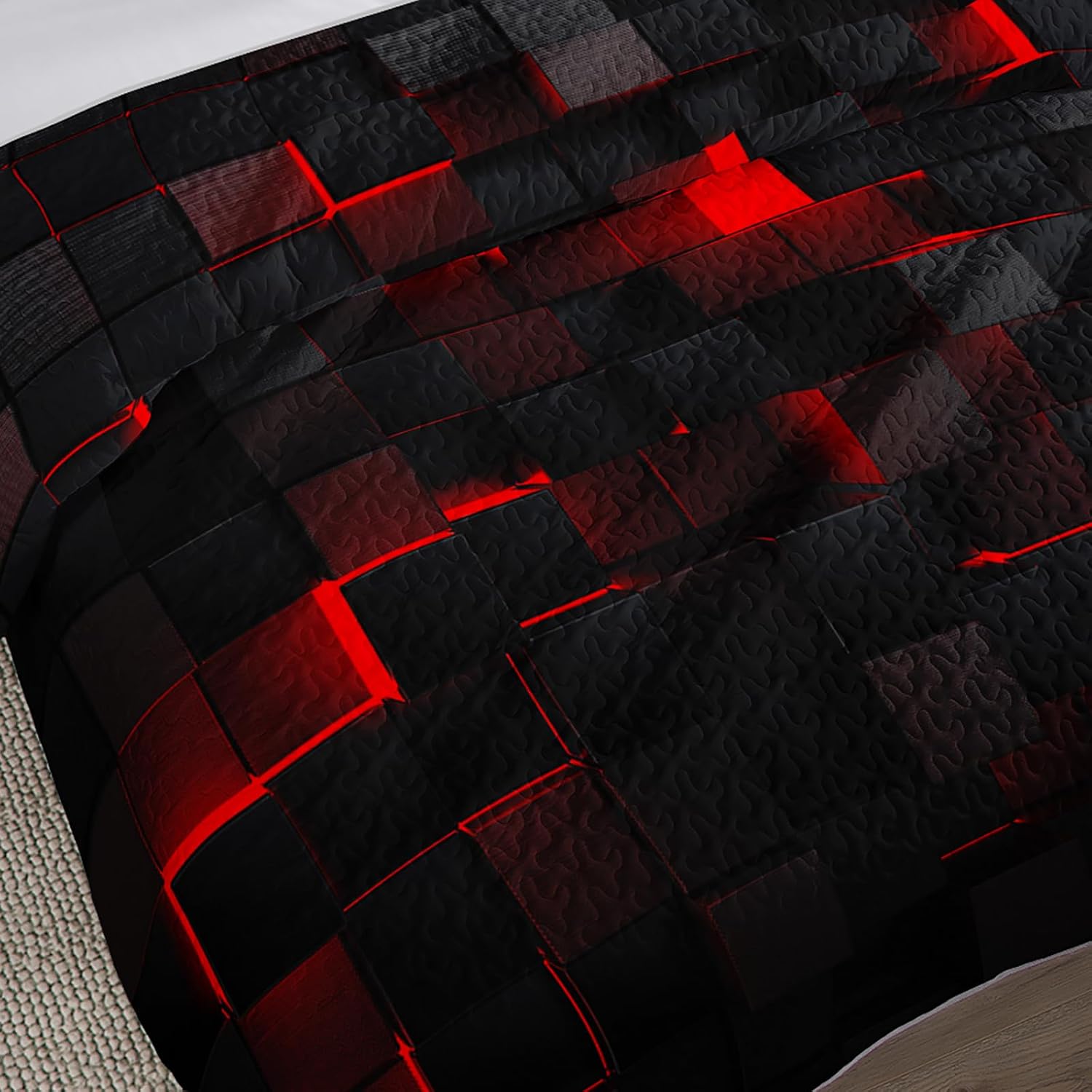 Nttopship 3 Piece Red Black Geometry Quilt Sets Twin Size,Neon Honeycomb Microfiber Bedding Set,Vibrant Bright Soft Lightweight Comforter Bedspread Coverlet (68''x86'') with 2 Pillow Case (20"x 30")
