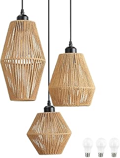 3-Light Rattan Pendant Light,Hand Woven Boho Chandelier,Wicker Pendant L...